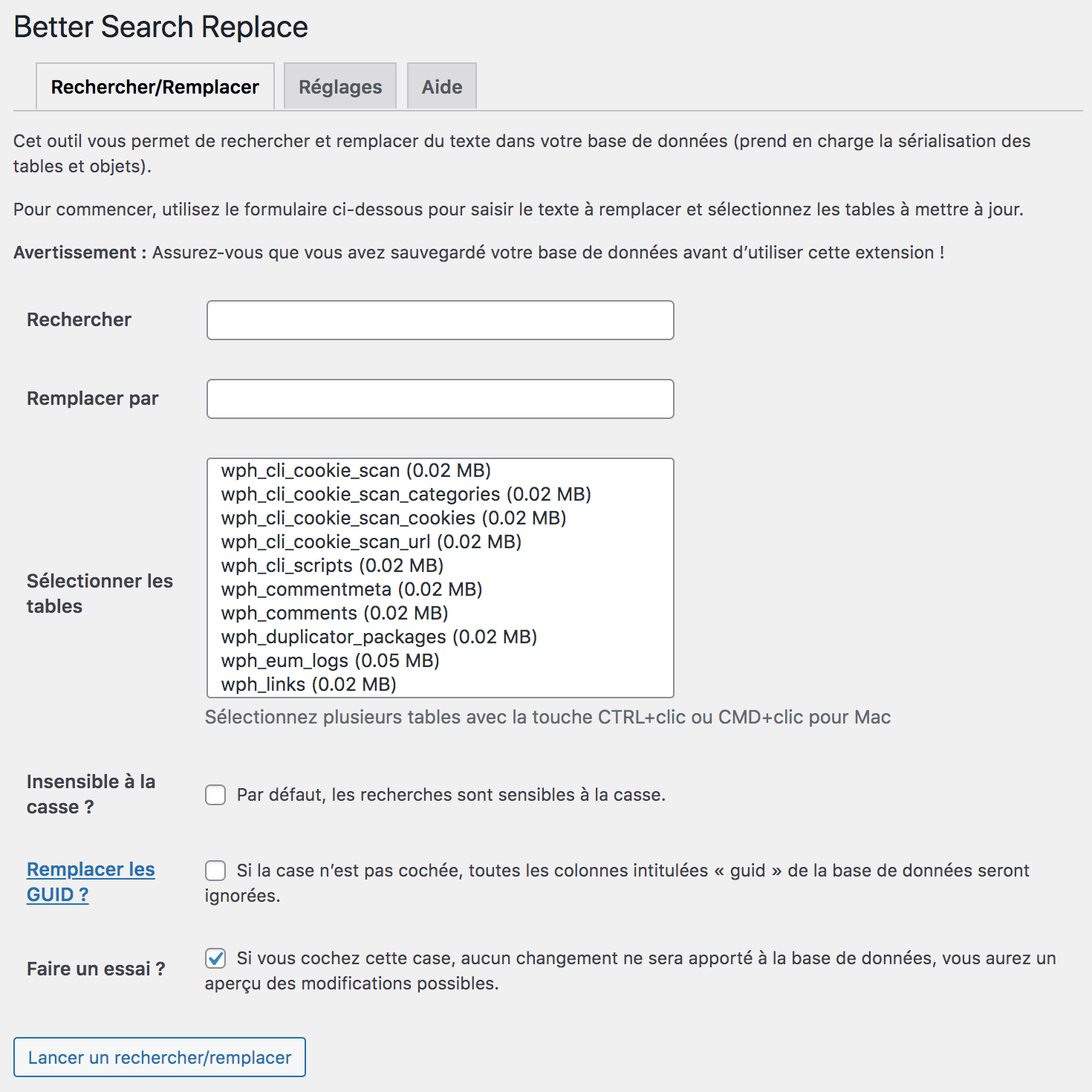 Voici un aperçu de l'interface d'un plugin WordPress comme Better Search Replace