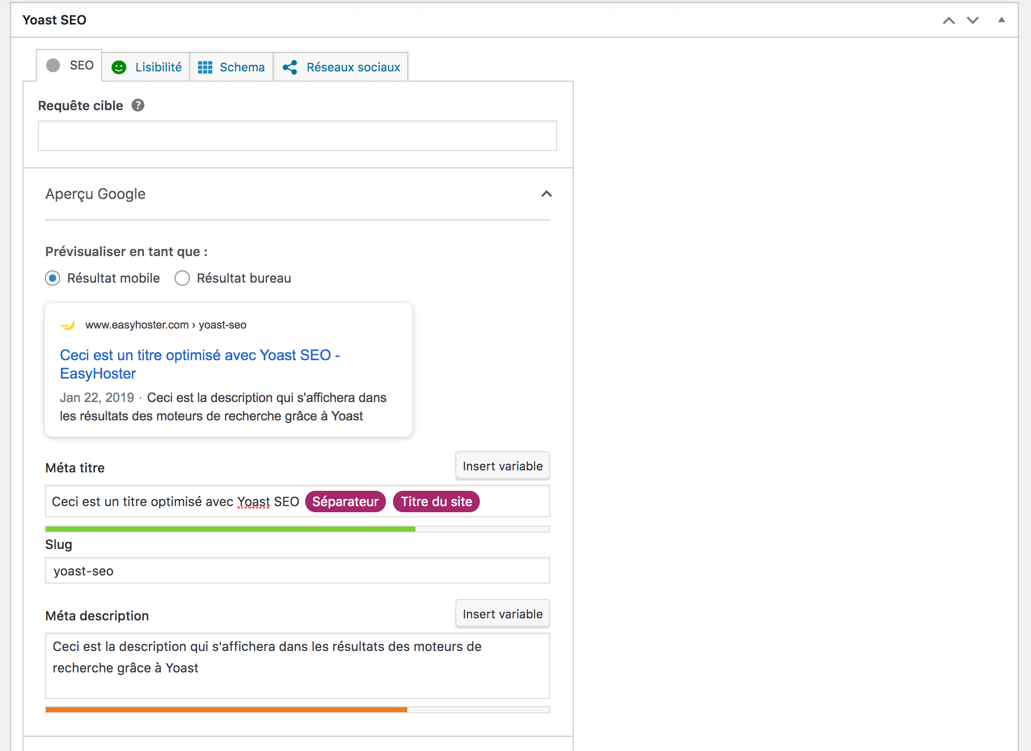 Pour votre SEO sur WordPress, avec le plugin Yoast vous pourrez définir les Titles et les Métadescriptions de tous vos contenus